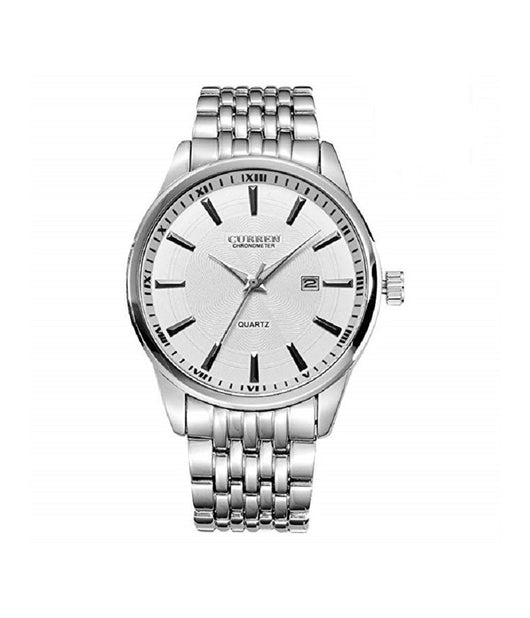 Orologio Da Polso Per Uomo Analogico Quadrante Bianco Cinturino Metallo Curren         