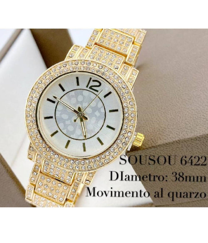 Orologio Da Polso Sousou 6422 Quarzo Brillantini Analogico Dorato Fondo Bianco         