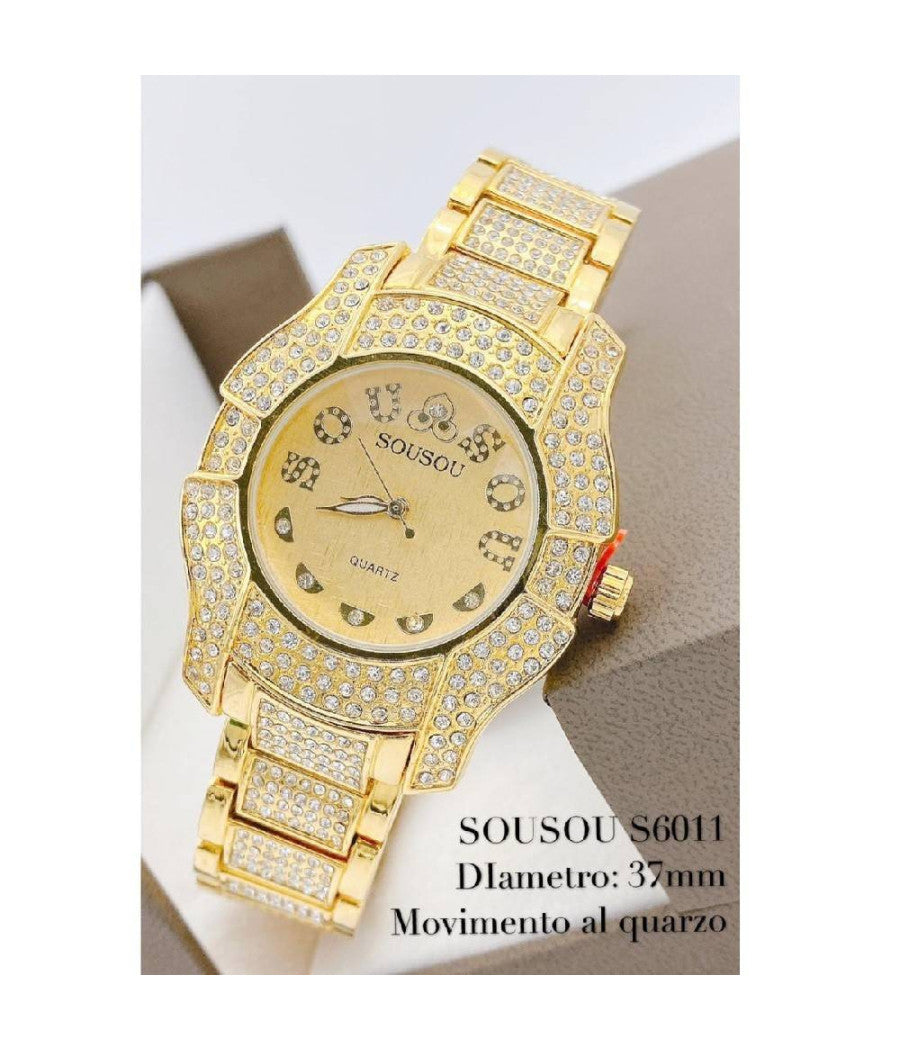 Orologio Da Polso Sousou S6011 Quarzo Acciaio Moda Brillantini Dorato Fondo Oro         