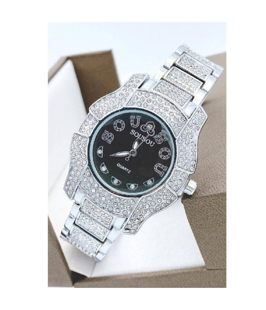 Orologio Da Polso Sousou S6011 Quarzo Acciaio Moda Brillantini Silver Fondo Nero         