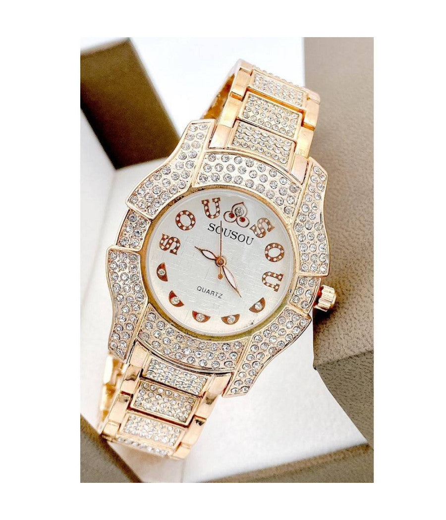 Orologio Da Polso Sousou S6011 Quarzo Moda Brillantini Acciaio Rosa Fondo Silver         