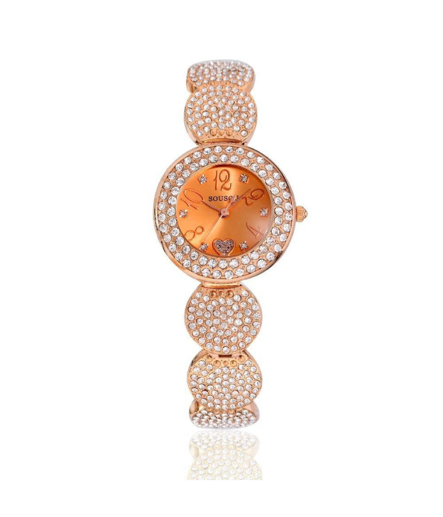 Orologio Da Polso Sousou S6097 Donna Movimento Quarzo Cuore Brillantini Oro Rosa         