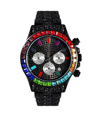 Orologio Da Polso Unisex Quarzo Acciaio Data Diamond Strass Nero Ghiera Colorata         