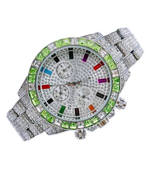 Orologio Da Polso Unisex Quarzo Acciaio Data Diamond Strass Silver Ghiera Verde         
