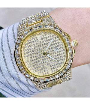 Orologio Da Polso Uomo Acciaio Elegante Brillantini Calendario Analogico Dorato         