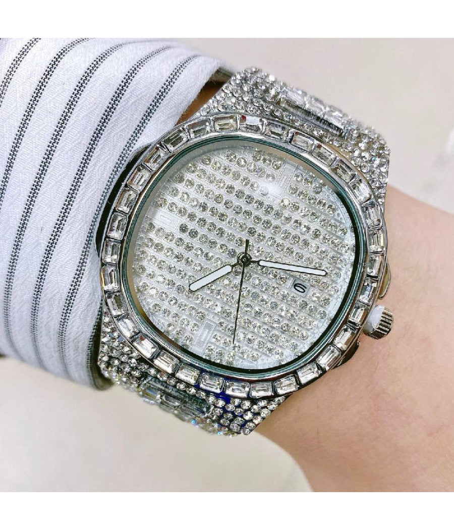 Orologio Da Polso Uomo Acciaio Elegante Brillantini Calendario Analogico Silver         