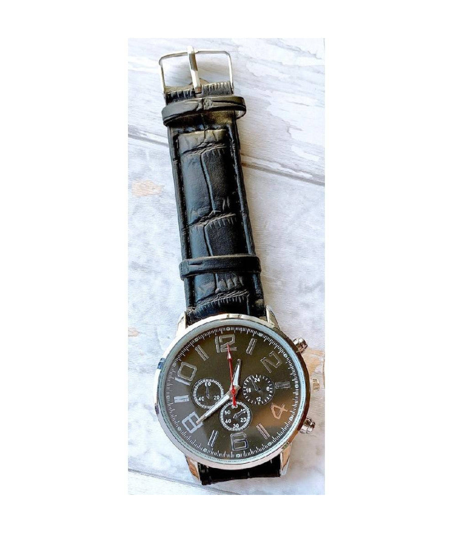 Orologio Da Polso Uomo Analogico Cronografo Cinturino Pelle Elegante Silver Nero         