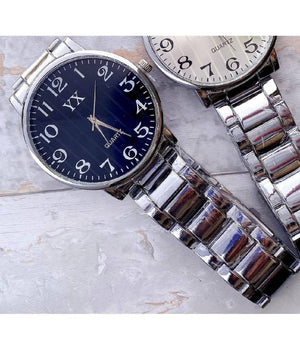 Orologio Da Polso Uomo Yx Analogico Quarzo Acciaio Fashion Silver Quadrante Blu         