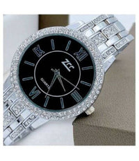 Orologio Da Polso Zcc 13 Donna Moda Quarzo Acciaio Brillantini Silver Fondo Nero         