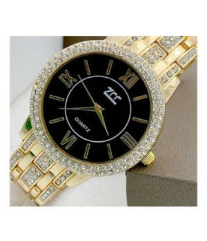 Orologio Da Polso Zcc 13 Donna Quarzo Acciaio Moda Brillantini Dorato Fondo Nero         