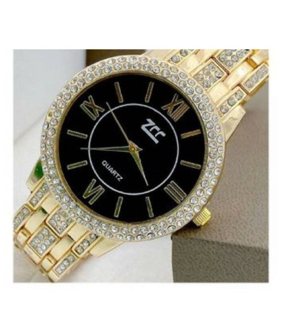 Orologio Da Polso Zcc 13 Donna Quarzo Acciaio Moda Brillantini Dorato Fondo Nero         