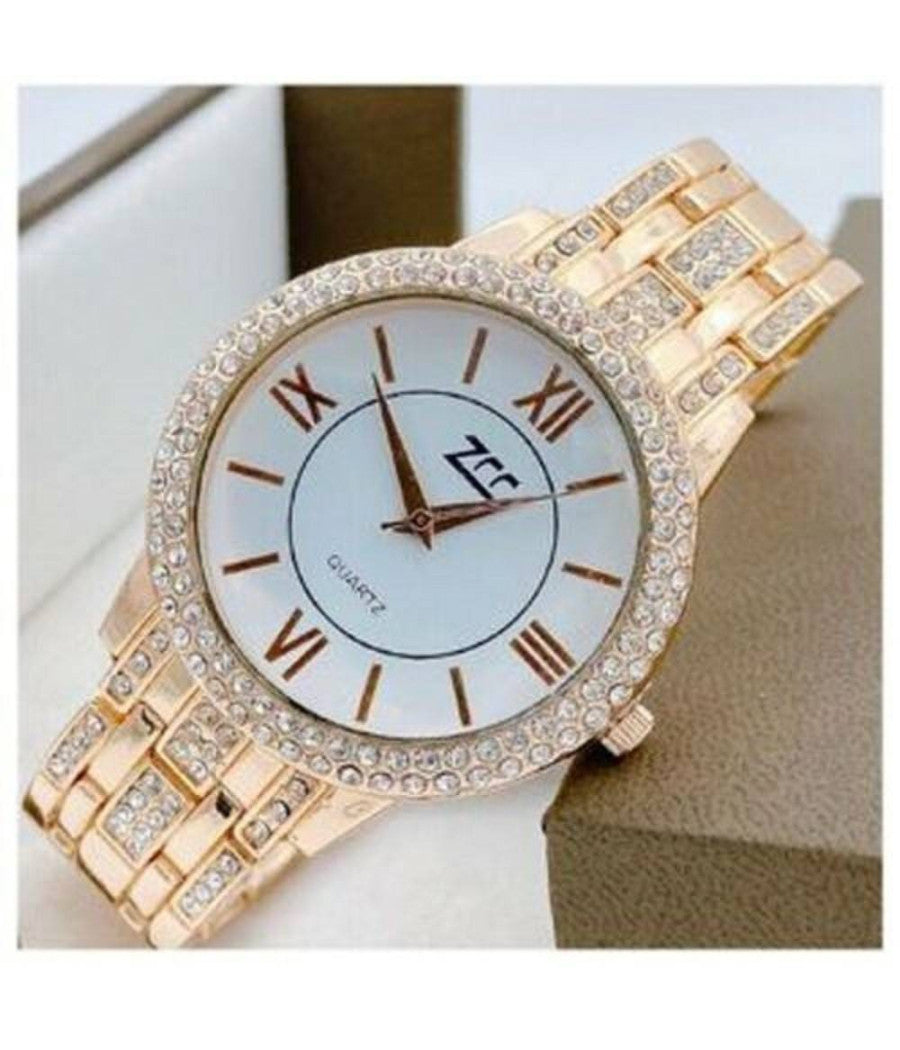 Orologio Da Polso Zcc 13 Donna Quarzo Acciaio Moda Brillantini Rosa Fondo Bianco         