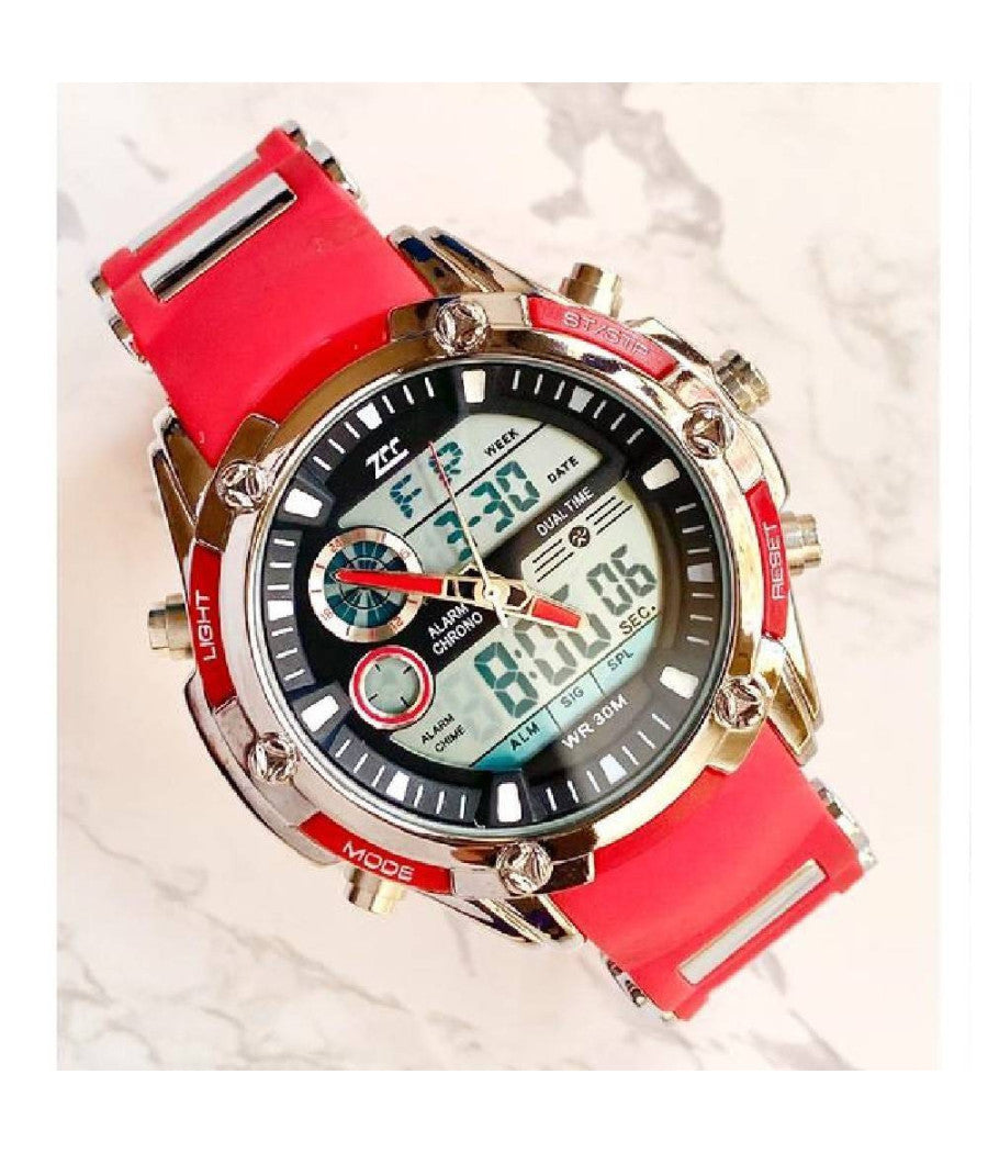 Orologio Da Polso Zcc 1313 Uomo Quarzo Dual Time Multifunzione Rosso Nero Silver         