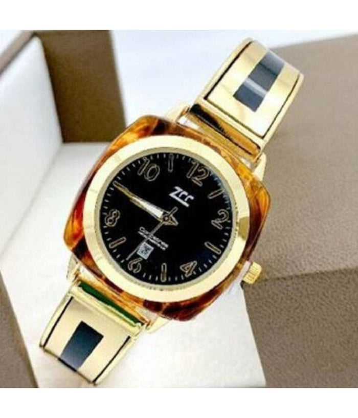 Orologio Da Polso Zcc 18 Donna Quarzo Acciaio Moda Ambrato Dorato Quadrante Nero         