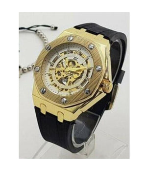 Orologio Da Polso Zcc 4407 Uomo Automatico Elegante Dorato Bianco Cinturino Nero         