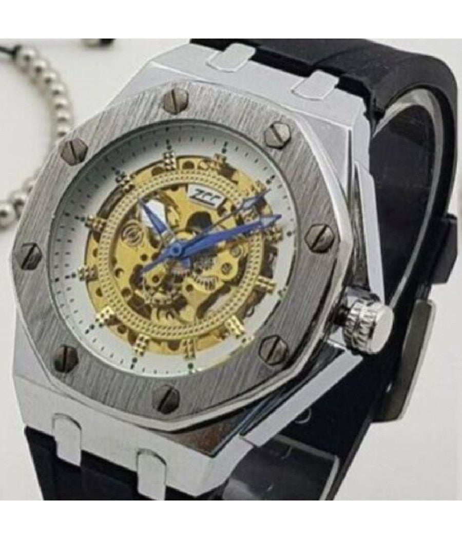 Orologio Da Polso Zcc 4407 Uomo Automatico Elegante Silver Bianco Cinturino Nero         