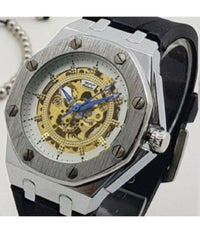 Orologio Da Polso Zcc 4407 Uomo Automatico Elegante Silver Bianco Cinturino Nero         