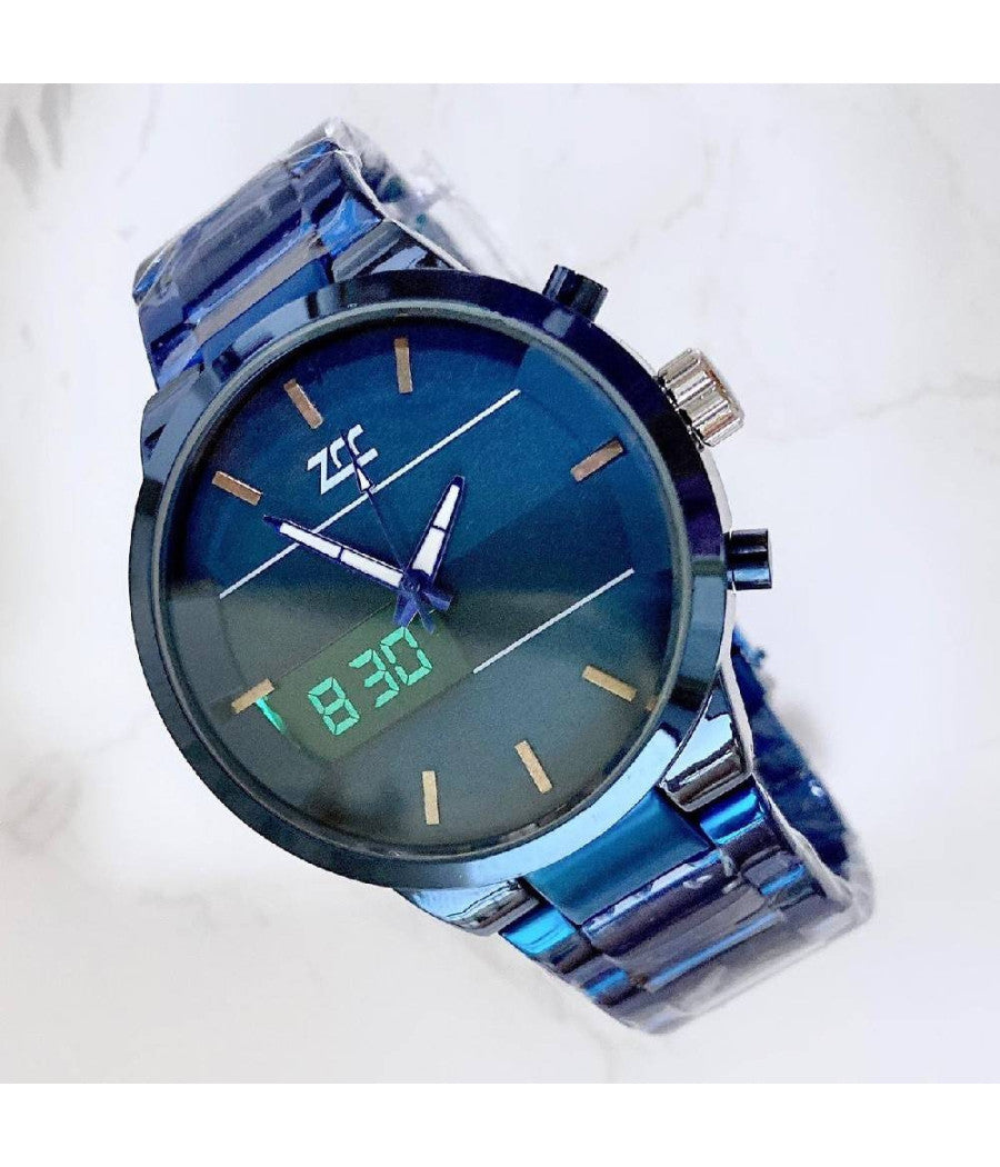 Orologio Da Polso Zcc 7258 Per Uomo Movimento Al Quarzo Acciaio Dual Time Blu         