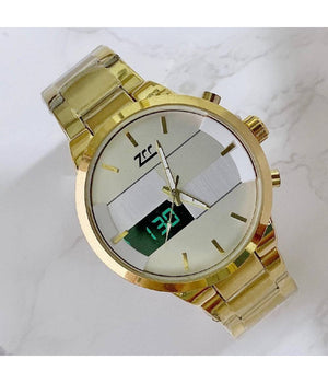 Orologio Da Polso Zcc 7258 Uomo Quarzo Acciaio Dual Time Dorato Quadrante Bianco         