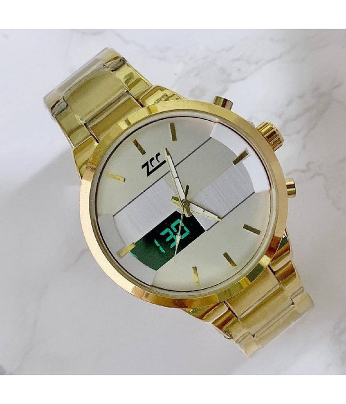 Orologio Da Polso Zcc 7258 Uomo Quarzo Acciaio Dual Time Dorato Quadrante Bianco         