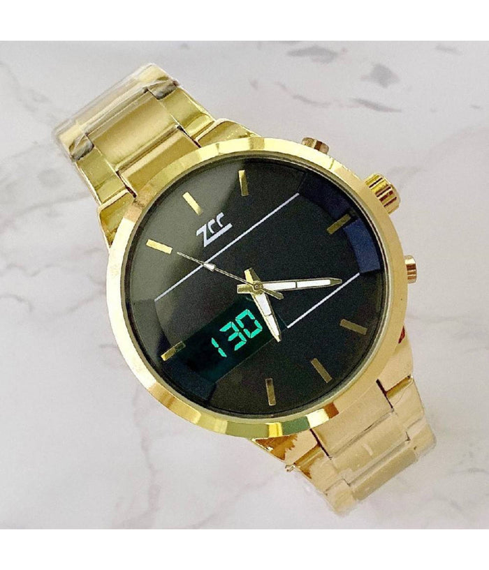 Orologio Da Polso Zcc 7258 Uomo Quarzo Acciaio Dual Time Dorato Quadrante Nero         