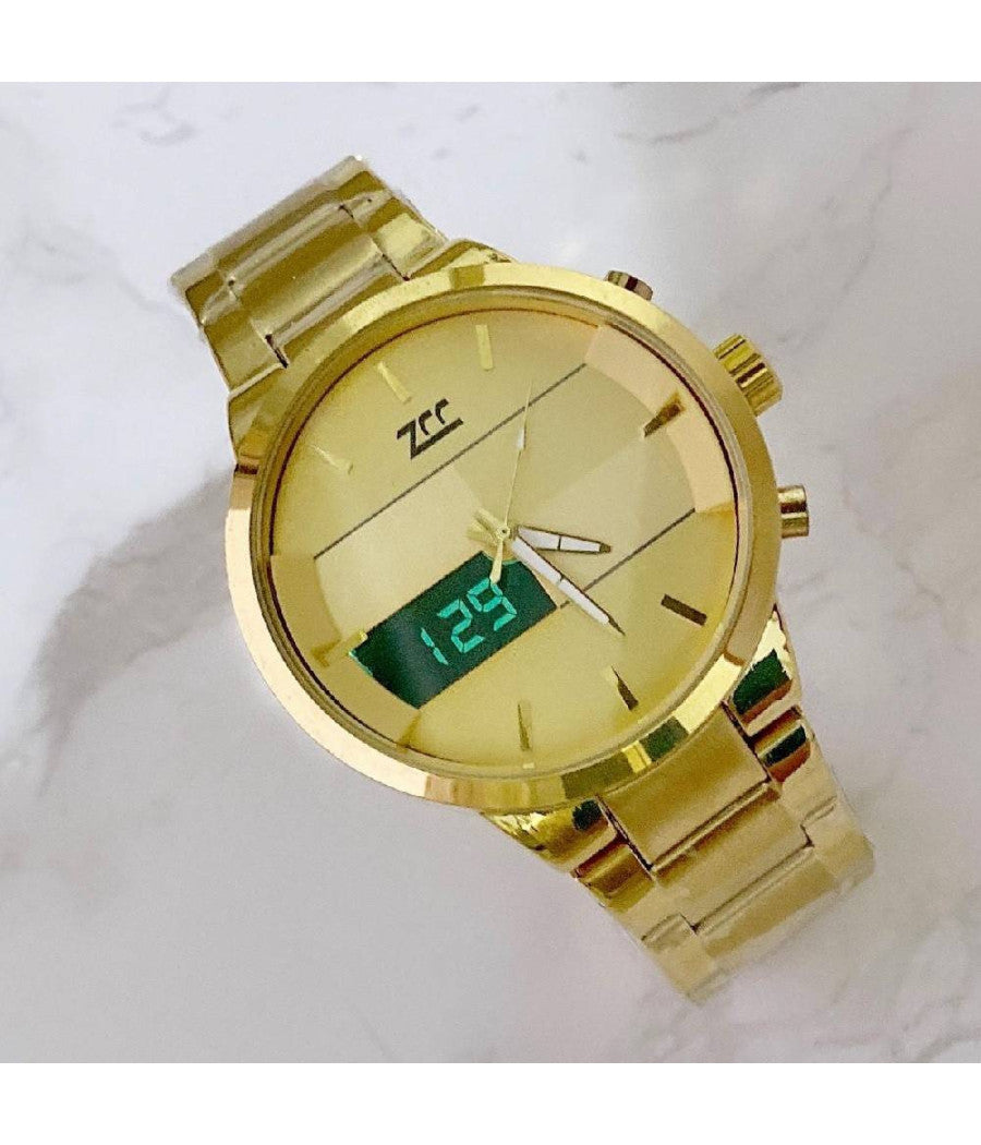 Orologio Da Polso Zcc 7258 Uomo Quarzo Acciaio Dual Time Dorato Quadrante Oro         