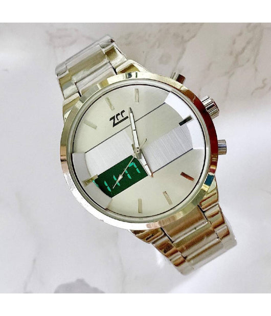 Orologio Da Polso Zcc 7258 Uomo Quarzo Acciaio Dual Time Silver Quadrante Bianco         