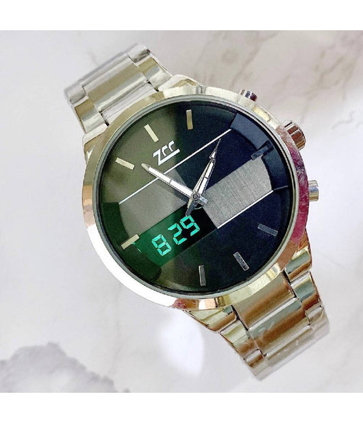 Orologio Da Polso Zcc 7258 Uomo Quarzo Acciaio Dual Time Silver Quadrante Nero         