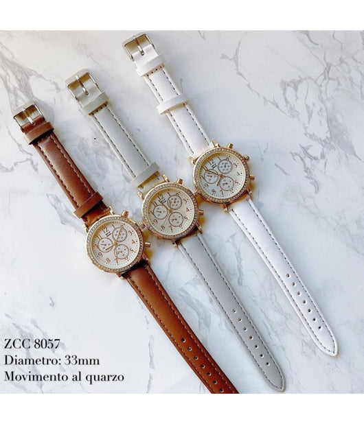 Orologio Da Polso Zcc 8057 Quarzo Analogico Brillantini Cinturino Pelle Casual         
