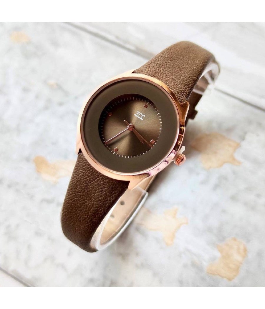 Orologio Da Polso Zcc Analogico Casual Elegante Moda Con Cinturino Pelle Marrone         