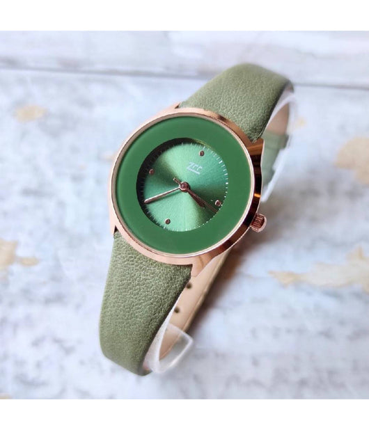 Orologio Da Polso Zcc Analogico Cinturino In Pelle Verde Elegante Moda Casual         