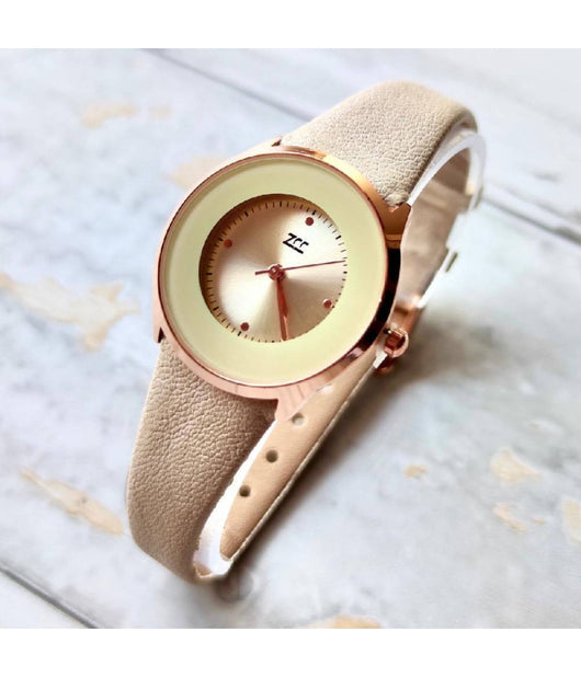 Orologio Da Polso Zcc Analogico Moda Elegante Casual Beige Con Cinturino Pelle         
