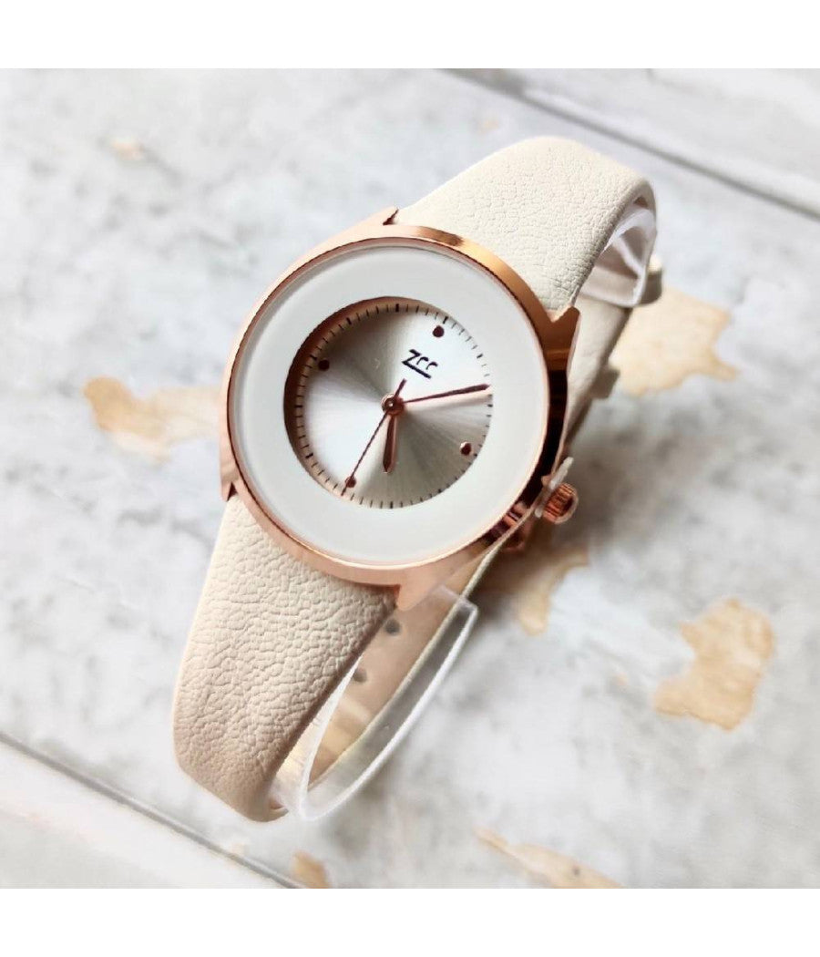 Orologio Da Polso Zcc Casual Analogico Elegante Moda Con Cinturino Pelle Bianco         