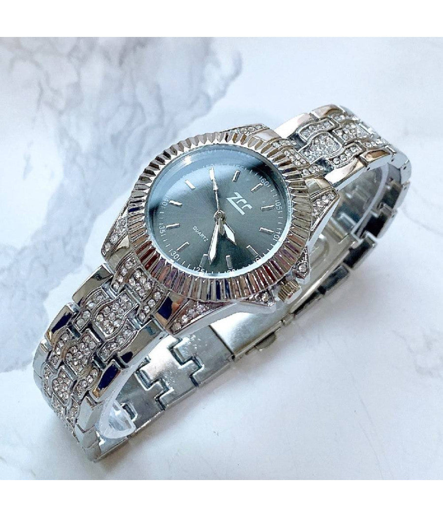Orologio Da Polso Zcc Donna Al Quarzo Acciaio Cinturino Brillantini Silver Moda         
