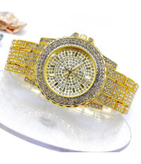 Orologio Da Polso Zcc Donna Analogico Quarzo Acciaio Moda Brillantinato Dorato         