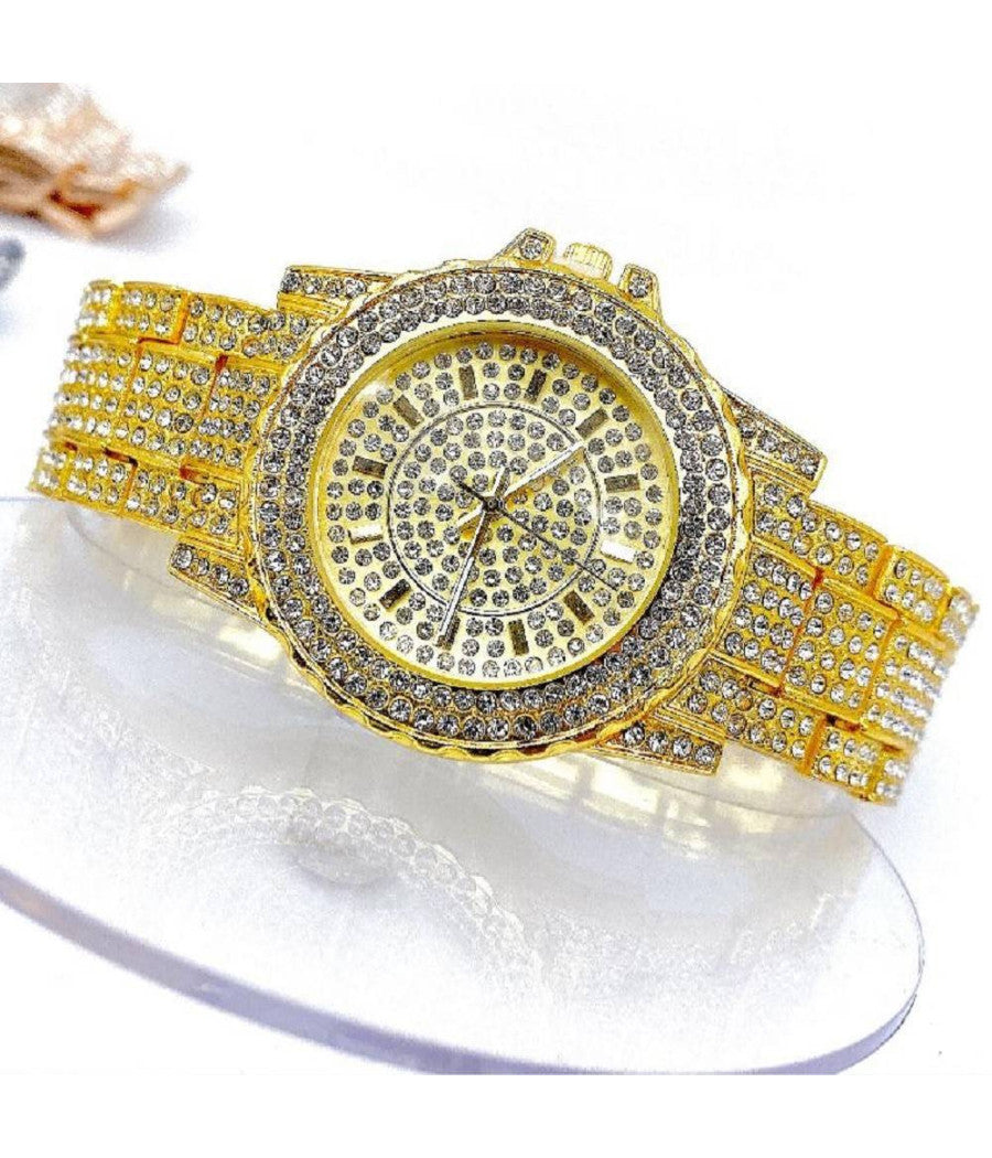 Orologio Da Polso Zcc Donna Analogico Quarzo Acciaio Moda Brillantinato Dorato         