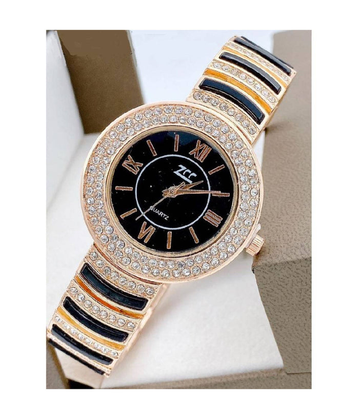 Orologio Da Polso Zcc Donna Quarzo Acciaio Analogico Moda Brillantini Rosa Nero         