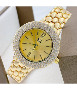 Orologio Da Polso Zcc Donna Quarzo Acciaio Moda Brillantini Analogico Dorato Oro         