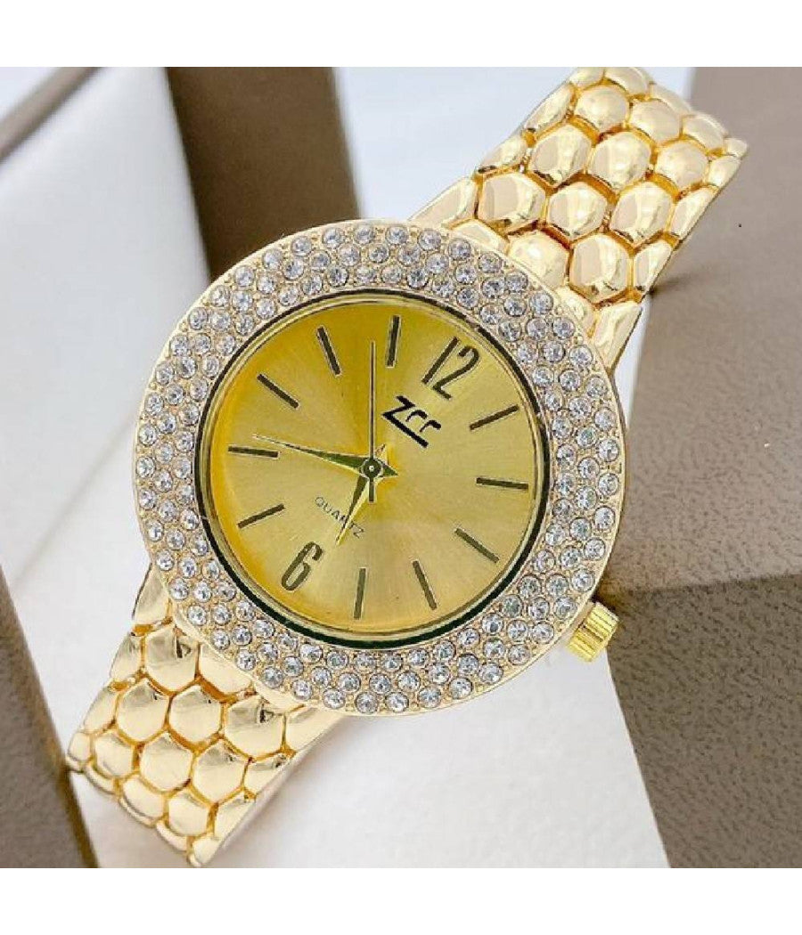 Orologio Da Polso Zcc Donna Quarzo Acciaio Moda Brillantini Analogico Dorato Oro         