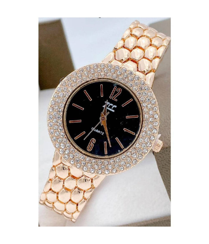 Orologio Da Polso Zcc Donna Quarzo Acciaio Moda Brillantini Analogico Rosa Nero         