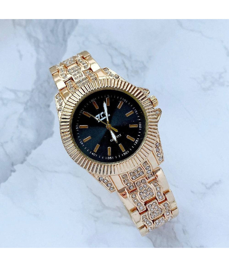 Orologio Da Polso Zcc Donna Quarzo Acciaio Moda Cinturino Brillantini Dorato         