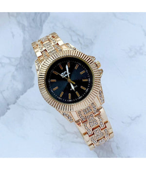 Orologio Da Polso Zcc Donna Quarzo Acciaio Moda Cinturino Brillantini Dorato         