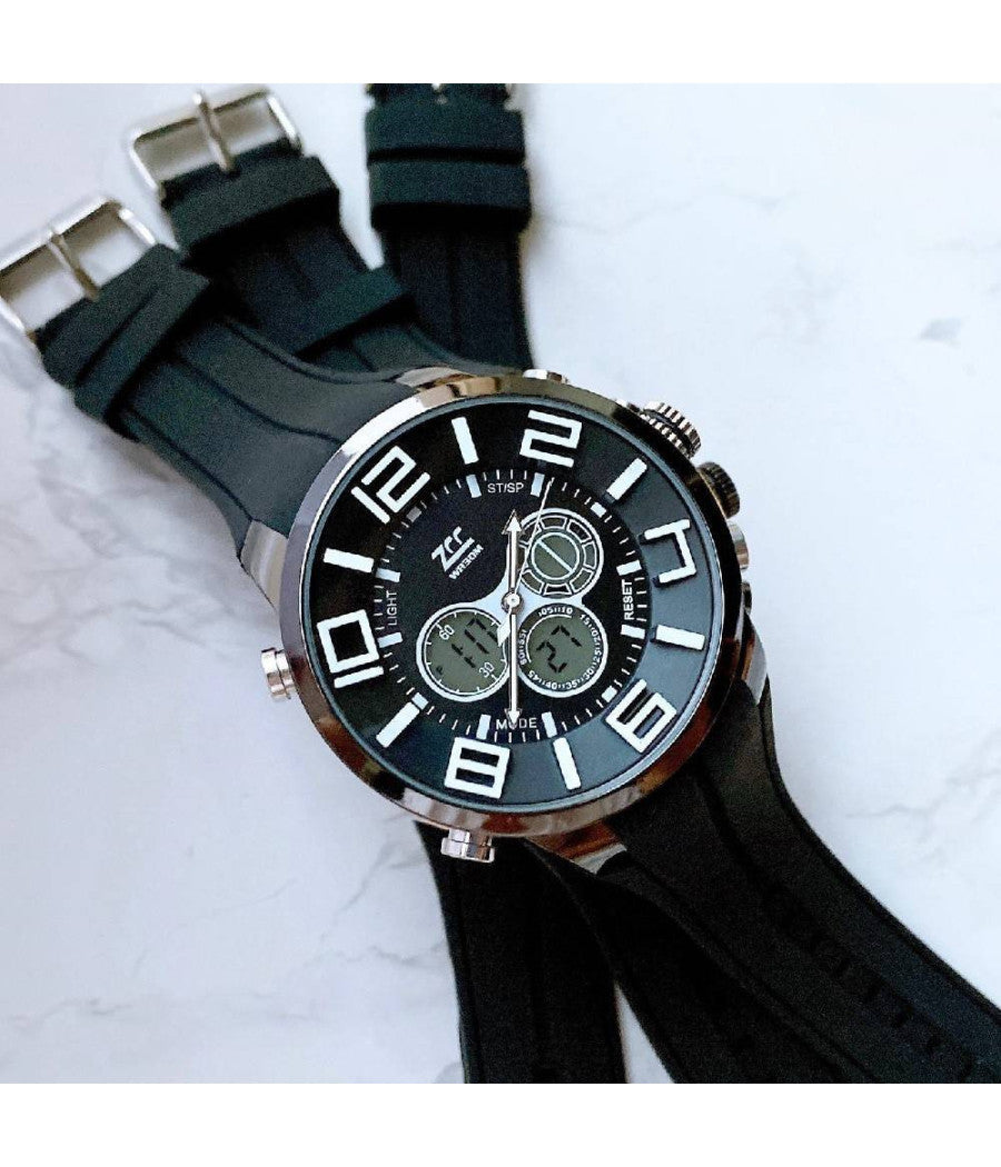 Orologio Da Polso Zcc Dual Time Analogico Digitale Da Uomo Sveglia Sport Nero         