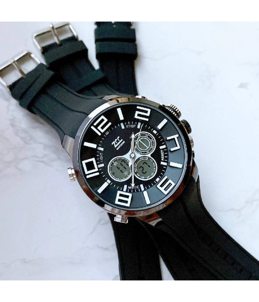 Orologio Da Polso Zcc Dual Time Analogico Digitale Da Uomo Sveglia Sport Nero         
