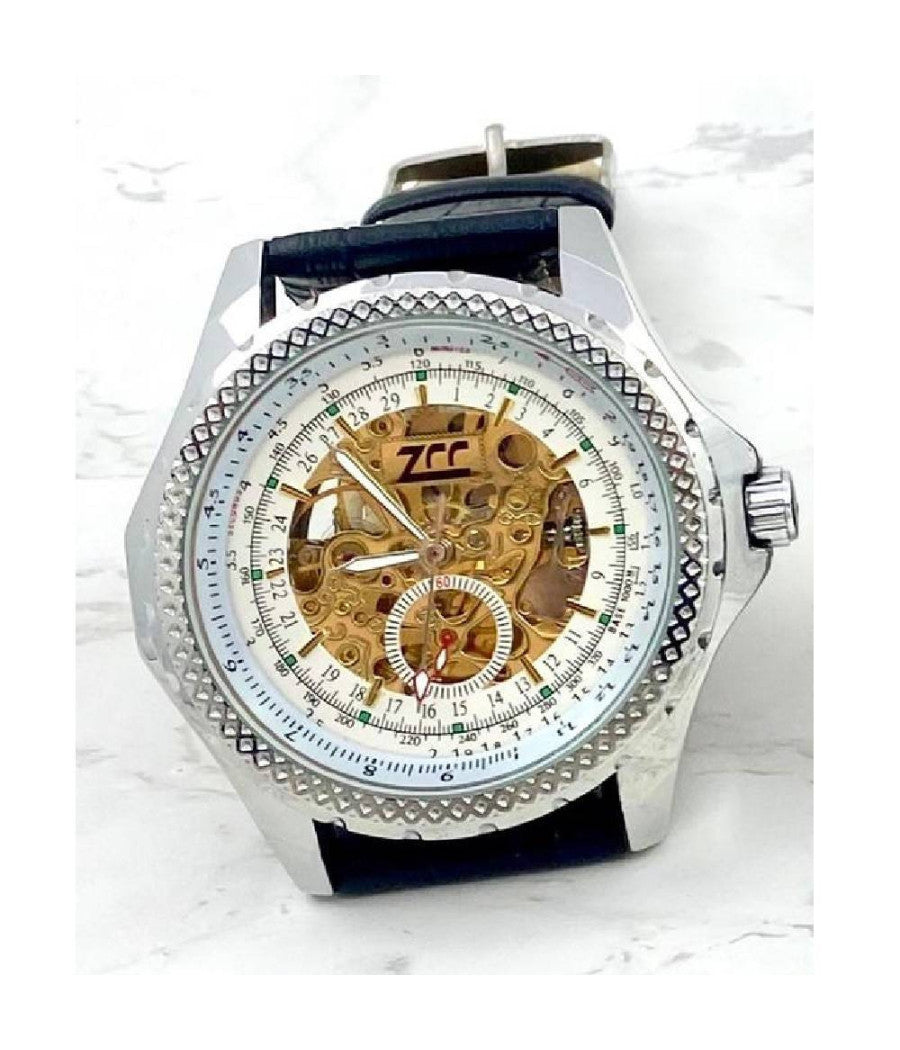 Orologio Da Polso Zcc Per Uomo Movimento Automatico Cinturino Pelle Nera Bianco         