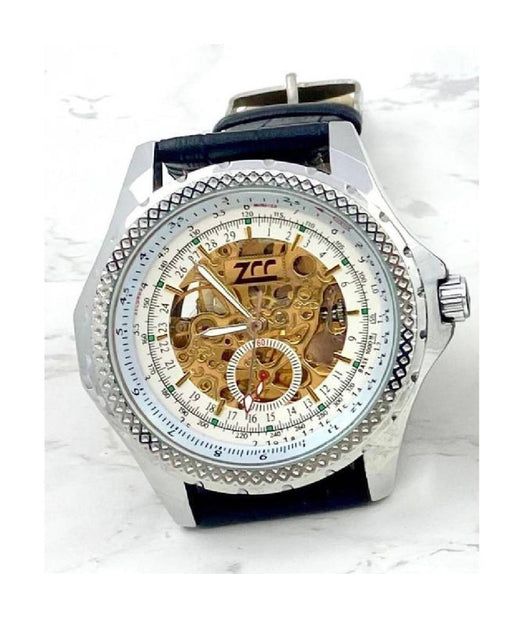 Orologio Da Polso Zcc Per Uomo Movimento Automatico Cinturino Pelle Nera Bianco         