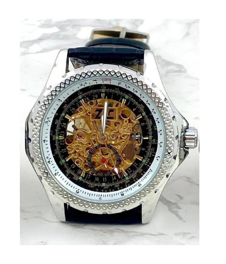 Orologio Da Polso Zcc Per Uomo Movimento Automatico Cinturino Pelle Nera Nero         