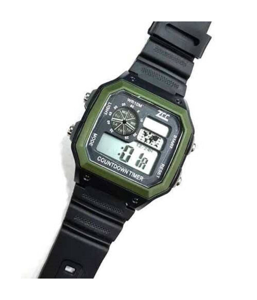 Orologio Da Polso Zcc Unisex Digitale Crono Luce Sport Classic Vintage Verde Nero         
