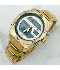 Orologio Da Polso Zcc Uomo Acciaio Dual Time Resistente All'acqua Dorato Bianco         