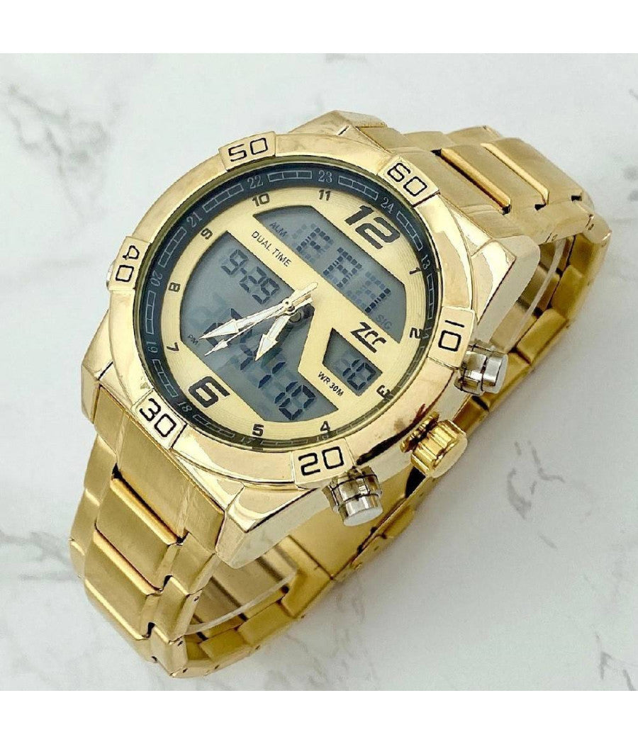 Orologio Da Polso Zcc Uomo Acciaio Dual Time Resistente All'acqua Wr 30m Dorato         